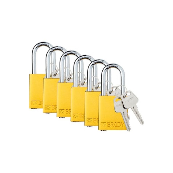 Brady Brady Safety Lockout Padlock, Keyed Different, 1-1/2in, Aluminum/Steel, Yellow, 6/PK SDAL-YLW-38ST-KD6 - main
